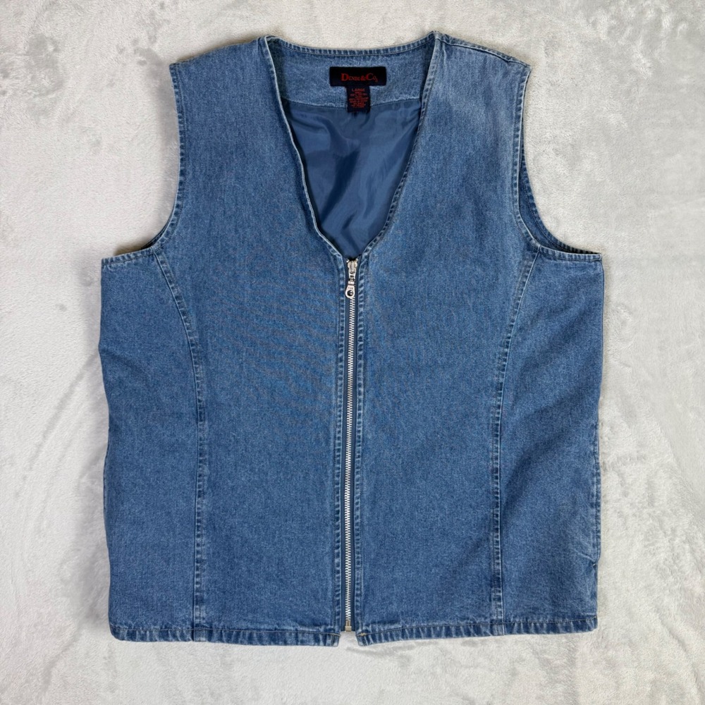 Denim & Co Zip Front Vest Womens Large Blue Denim Lined V-Neck Casual Classic